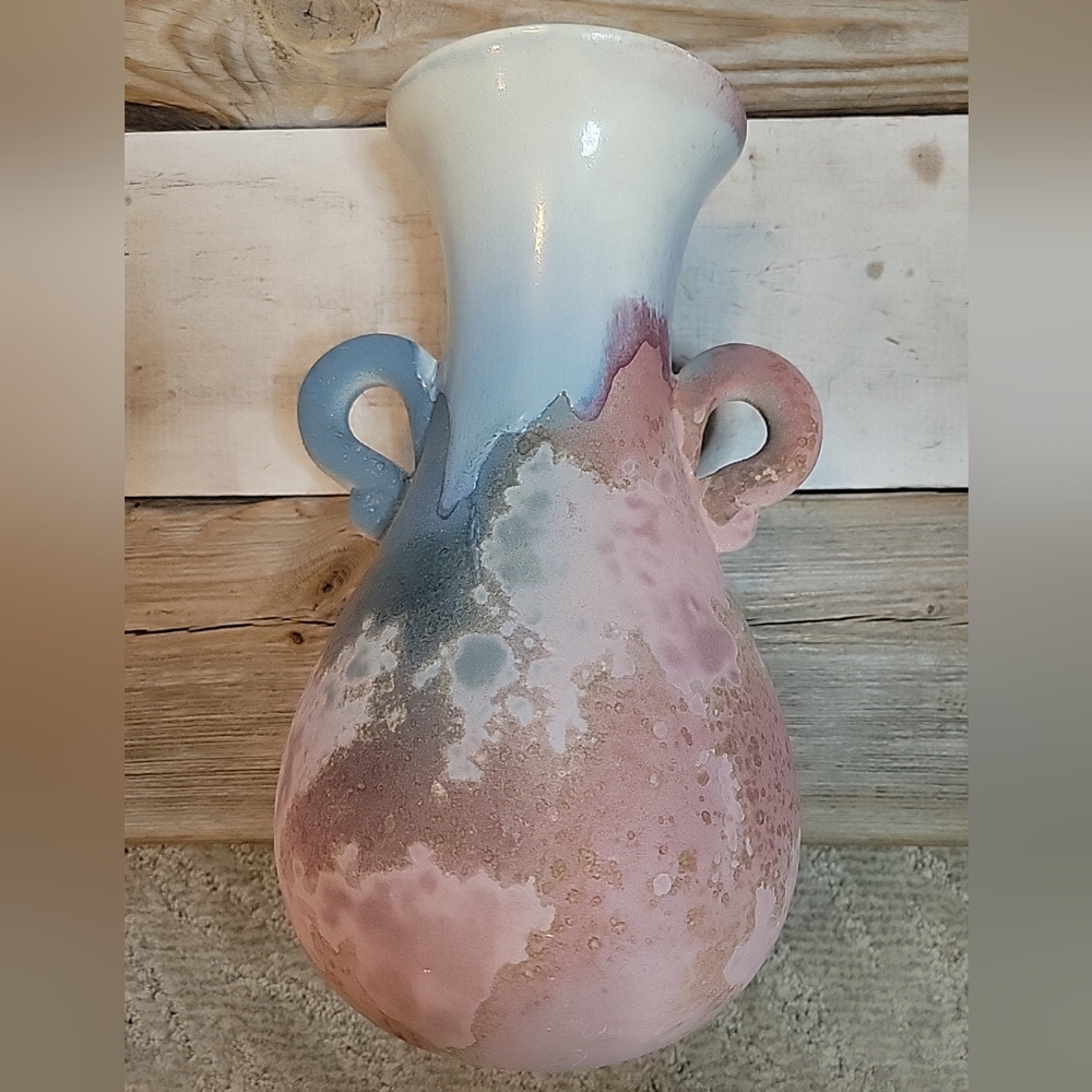 Tony Evans Vintage Raku Pottery 10.5" Vase #4 Pastels Drip Rim Double Handles